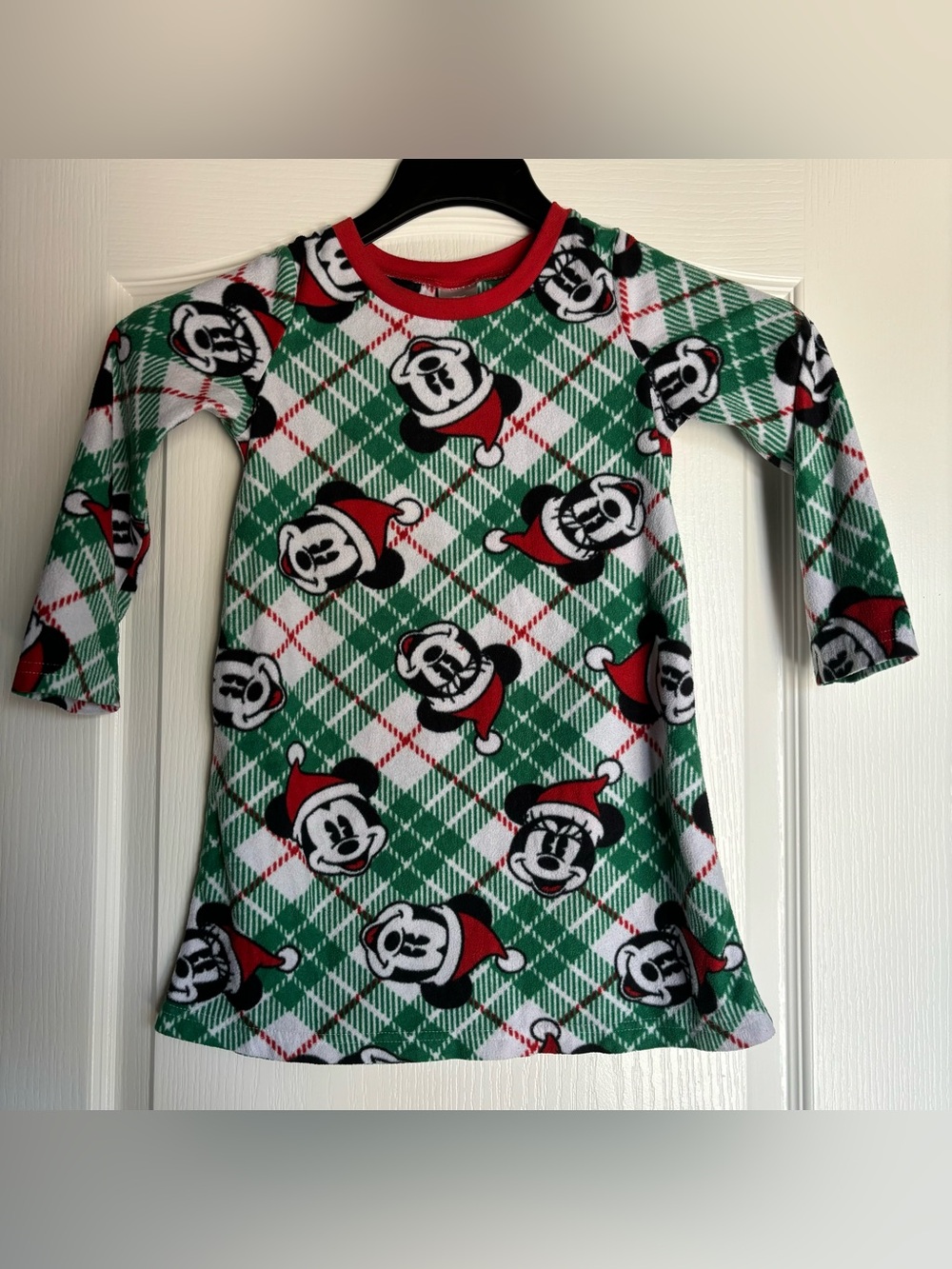Disney 100 Green and Red Mickey Mouse Plaid Kids Nightgown Christmas PJs Girls 6